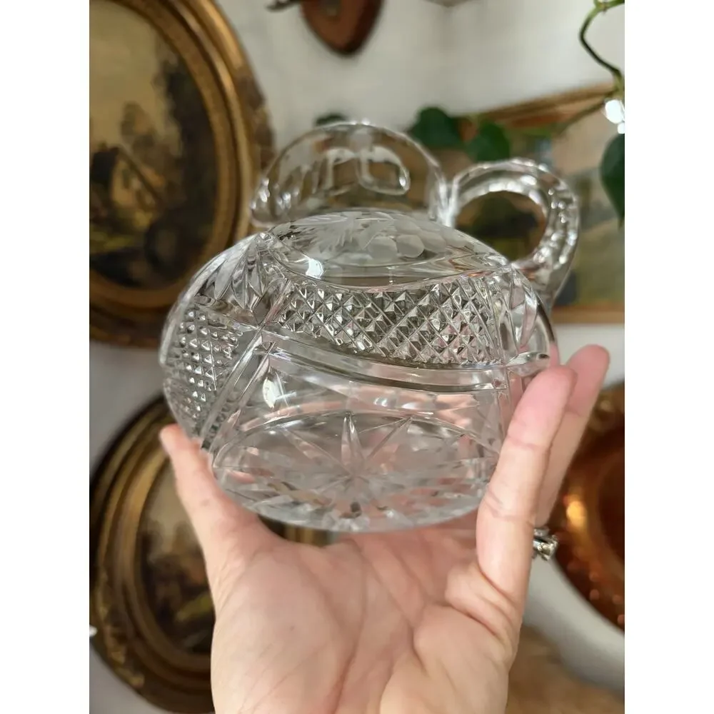 Vintage Crystal Pitcher Vase American Brilliant Cut Glass Squat Pitcher EAPC